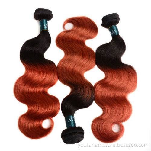 Free Sample Peruvian Human Hair Bundles Orange Ombre Color 1b/350# Body Wave Virgin Cuticle Aligned Human Hair Weaves Extensions